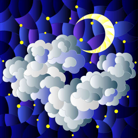 Illustration in stained glass style with celestial landscape, fluffy cloud on the background of starry sky and moon, square imageのイラスト素材
