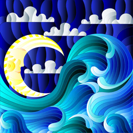 The illustration in stained glass style painting abstract landscape sea waves on the background of sky and clouds with moonのイラスト素材