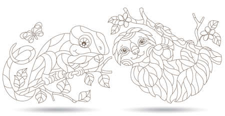 A set of contour illustrations in the style of stained glass with cute sloth and chameleon on tree branches, dark contours on a white backgroundのイラスト素材