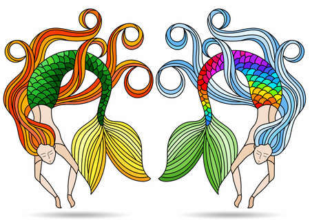 A set of illustrations in the style of stained glass with mermaids, figures isolated on a white backgroundのイラスト素材