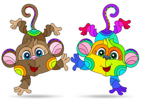 A set of illustrations in the style of stained glass with cute cartoon monkeys, animals isolated on a white backgroundのイラスト素材