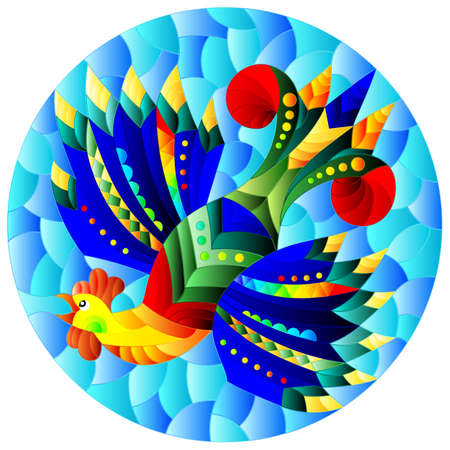 An illustration in the style of a stained glass window with a cute cartoon monkey on the branches of trees,oval imageのイラスト素材