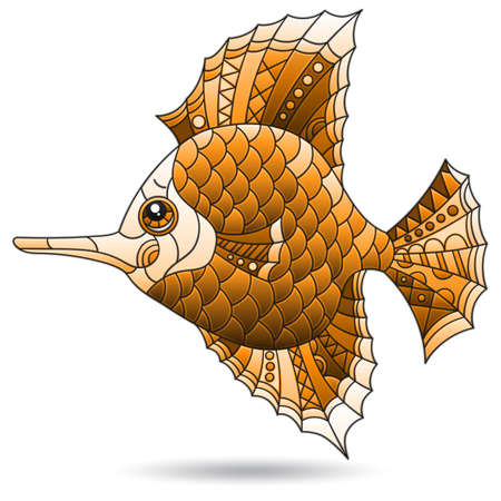 A stained glass-style illustration with an abstract fish, an animal isolated on a white background, tone brownのイラスト素材