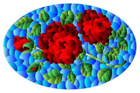 Illustration in stained glass style with a bright red rose flowers on a blue background, oval imageのイラスト素材