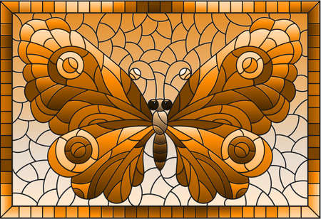Illustration in stained glass style with a butterflymin a frame, rectangular image, tone brownのイラスト素材