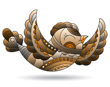 Illustration in the style of a stained glass window with a bird, an animal isolated on a white background, tone brownのイラスト素材