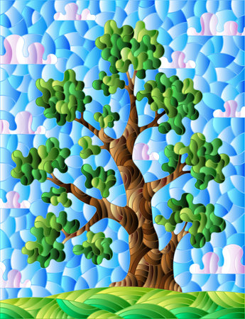 Illustration in the stained glass style with a green tree, against a background of a meadow and a blue cloudy sky, rectangular imageのイラスト素材