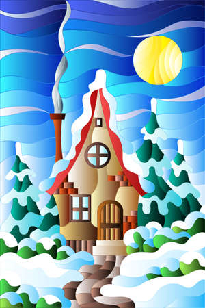 Illustration in vintage style winter landscape, village house and fir-trees on a background of snow, sky and sunのイラスト素材