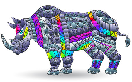 A stained glass illustration with a bright rhinoceros, the animal isolated on a white backgroundのイラスト素材