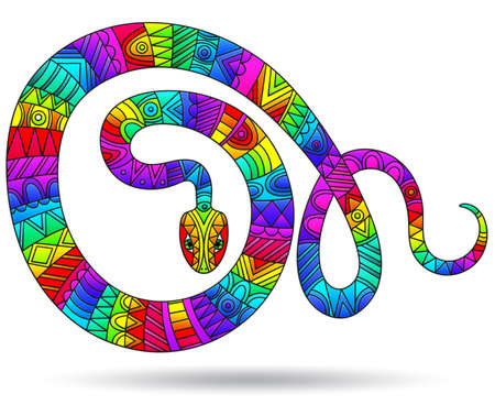 A stained glass illustration with a bright snake, an animal isolated on a white background