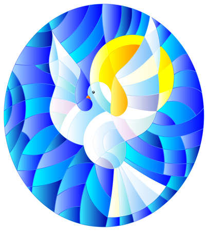 Illustration in stained glass style with a white dove on the background of the daytime sky and clouds, oval pictureのイラスト素材