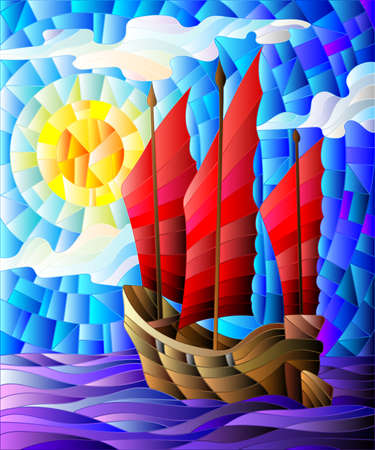 The Eastern ship with red sails on the background of sky, sun and oceanのイラスト素材