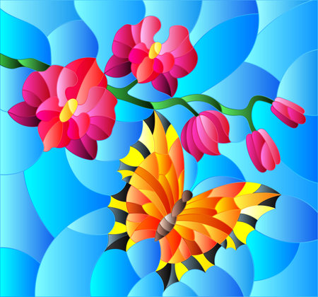 Illustration in stained glass style with a branch of pink Orchid and orange bright butterfly on a blue backgroundのイラスト素材
