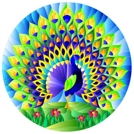 Illustration in stained glass style with colorful peacock on blue sky and flowers, round imageのイラスト素材