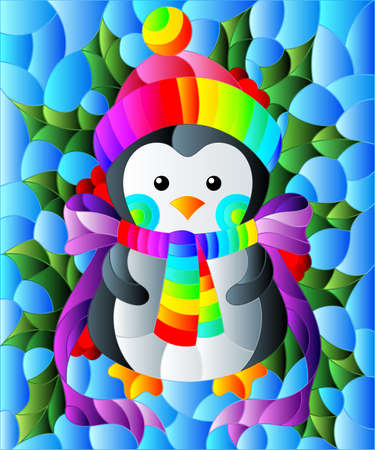 Illustration in stained glass style on the theme of the winter holidays of Christmas and New year, a toy penguin on the background of Holly branchesのイラスト素材