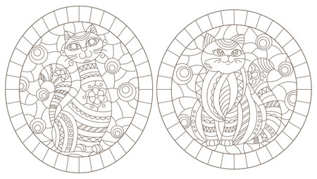 Set of contour illustrations of stained glass Windows with cute cartoon cats , dark contours on a white backgroundのイラスト素材