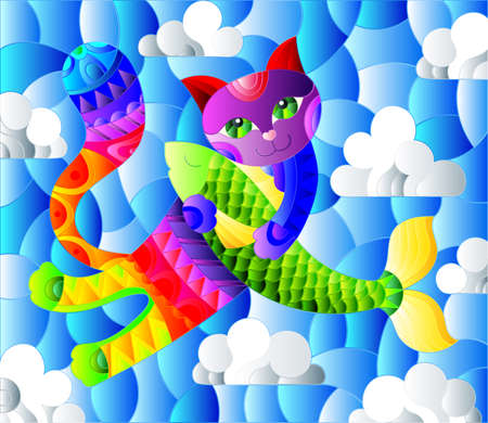 Stained glass illustration of a cartoon rainbow cat hugging a fish on the background of sky and cloudsのイラスト素材