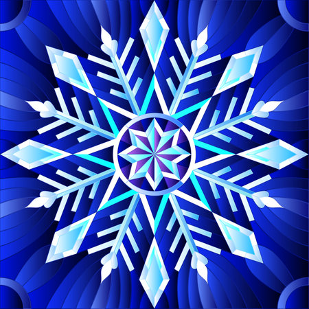 Illustration in stained glass style with snowflake on a blue background