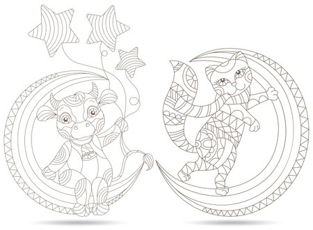 Set of contour illustrations in a stained glass style with cartoon cute cows on the moon, dark outlines on a white backgroundのイラスト素材
