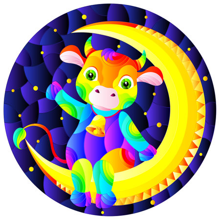 Stained glass illustration with a cartoon rainbow cute cow on a night sky background , round imageのイラスト素材