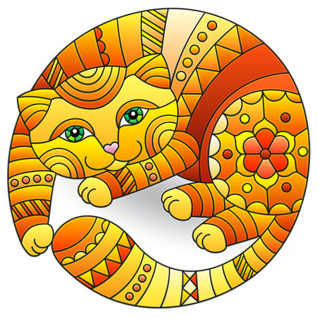 An illustration in the style of a stained glass window with a cute bright cat, an animal isolated on a white backgroundのイラスト素材