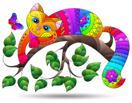 Illustrations in the style of stained glass with bright cat on tree branches, animal isolated on a white backgroundのイラスト素材