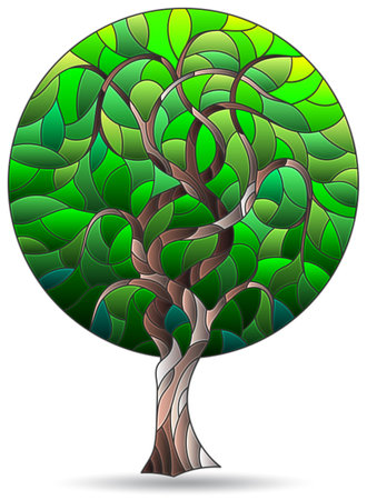 An illustration in the style of a stained glass window with a bright tree , a plant isolated on a white backgroundのイラスト素材