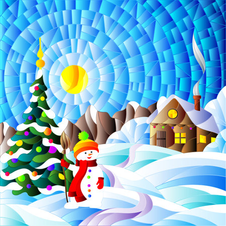 Illustration in stained glass style with Christmas landscape, rustic house, Christmas tree and snowman on snow background and sky with sunのイラスト素材