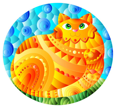 Illustration in stained glass style with abstract cute red cat on a blue background, oval imageのイラスト素材