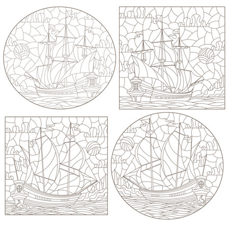 A set of contour illustrations of stained glass Windows with old sailing ships, dark contours on a white backgroundのイラスト素材