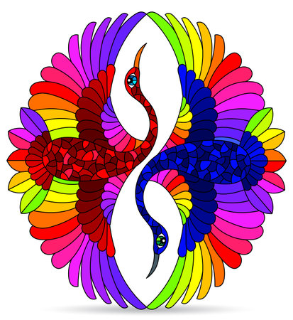 A set of illustrations in the style of stained glass with swans flying birds, animals isolated on a white backgroundのイラスト素材