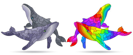 A set of stained glass illustrations with abstract whales, animals isolated on a white backgroundのイラスト素材