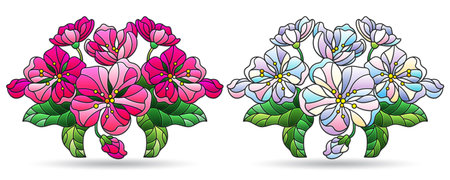 A set of illustrations in the style of stained glass with cherry blossoms, plants isolated on a white backgroundのイラスト素材