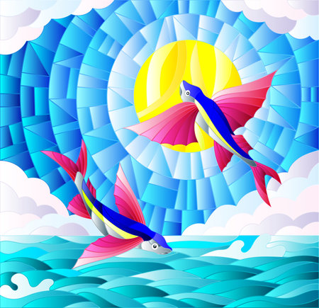 Illustration in stained glass style with a pair of flying fish on the background of water ,cloud, sky and sunのイラスト素材