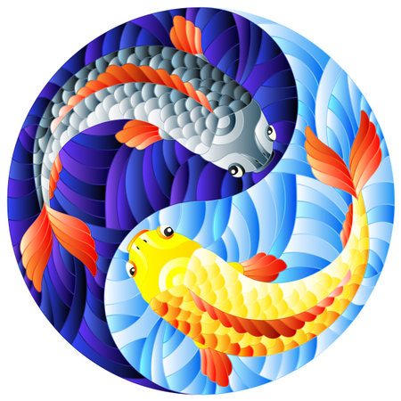 Illustration in stained glass style with two fishes on the background of water in the form of the Yin Yang signのイラスト素材