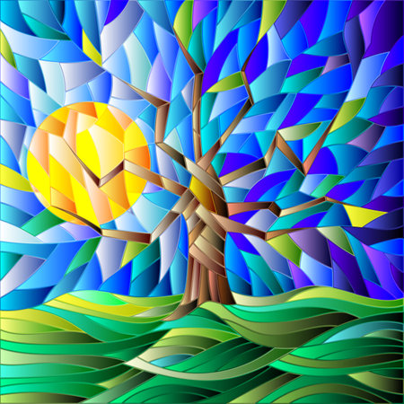 Illustration in the style of a stained glass window with an abstract tree on the background of a meadow, sky and sun rayのイラスト素材