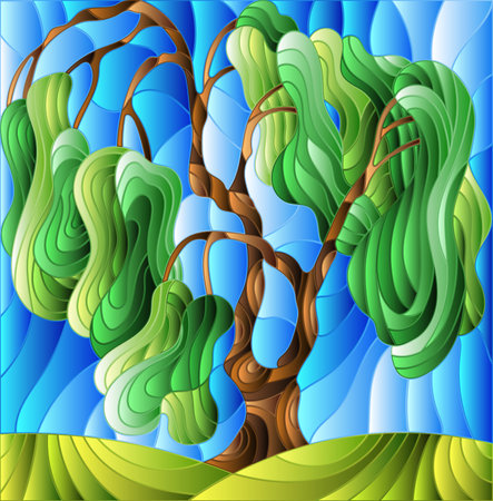 An illustration in the style of stained glass with an abstract willow tree on the background of a meadow and a blue skyのイラスト素材