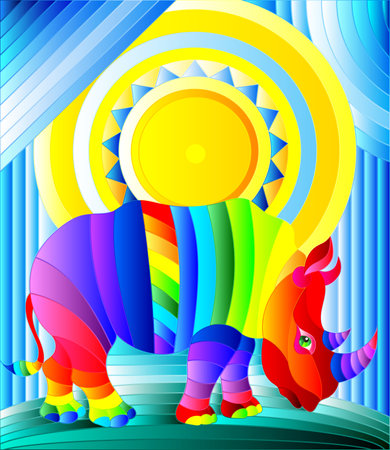 Illustration in stained glass style with funny rainbow rhino and sun on abstract backgroundのイラスト素材