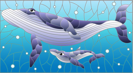 An illustration in the style of a stained glass window with blue whales on a background of water and air bubblesのイラスト素材
