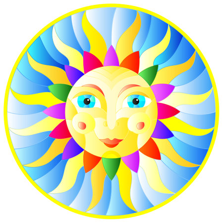 Illustration in the style of a stained glass window with abstract sun in a frame,round imageのイラスト素材