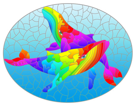 An illustration in the style of a stained glass window with blue whales on a background of water, oval imageのイラスト素材