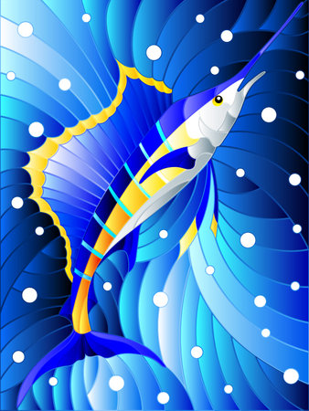 Illustration in the style of stained glass with fish sail on the background of water and air bubblesのイラスト素材