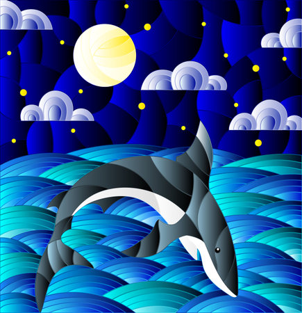 Illustration in stained glass style with shark into the waves, starry sky,moon and cloudsのイラスト素材