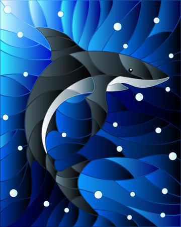 Illustration in the style of stained glass with shark on the background of water and air bubblesのイラスト素材