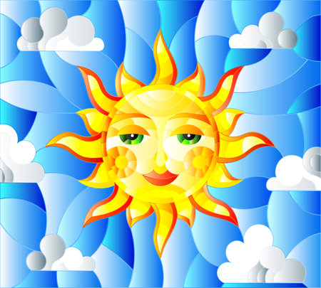 Illustration in stained glass style with fabulous sun with the face on the background of sky and cloudsのイラスト素材