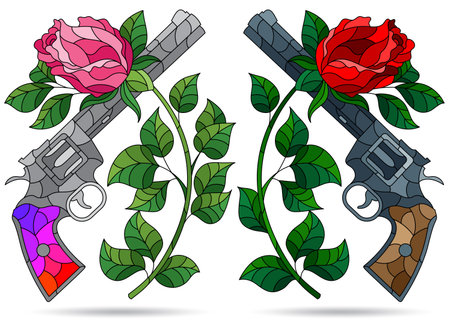 A set of illustrations in the style of stained glass with compositions of revolvers and roses, isolated on a white backgroundのイラスト素材