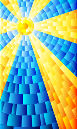 Illustration in stained glass style with abstract celestial landscape, sun with rays against the skyのイラスト素材