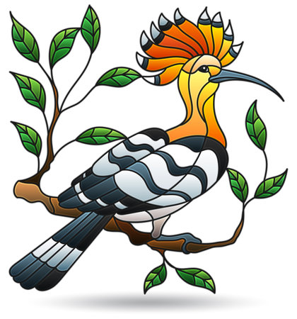Illustrations in stained glass style with bright hoopoe bird, animal on branches isolated on a white backgroundのイラスト素材