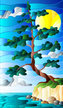 An illustration in the style of a stained glass window with an abstract fir tree against the background of the river bank and the blue sky and the sunのイラスト素材