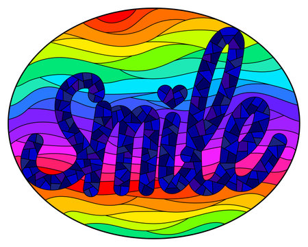 An illustration in the style of a stained glass window with a mosaic image of the word smile on an abstract rainbow background, oval imageのイラスト素材